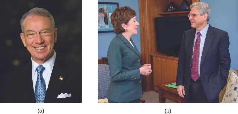 Image A is of Chuck Grassley. Image B is of Merrick Garland and Susan Collins.