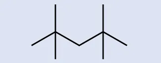 Se muestra un modelo de estructura esquelética con un patrón en zigzag que sube, baja, sube y vuelve a bajar de izquierda a derecha por el centro de la molécula. Desde los dos puntos elevados, los segmentos de línea se extienden tanto hacia arriba como hacia abajo, para crear cuatro ramas.