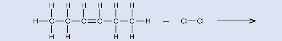 This shows a C atom bonded to three H atoms and another C atom. This second C atom is bonded to two H atoms and a third C atom. This third C atom is bonded to one H atom and also forms a double bond with a fourth C atom. This fourth C atom is bonded to one H atom and a fifth C atom. This fifth C atom is bonded to two H atoms and a sixth C atom. This sixth C atom is bonded to three H atoms. There is a plus sign followed by a C l atom bonded to another C l atom. There is a reaction arrow. no products are shown.