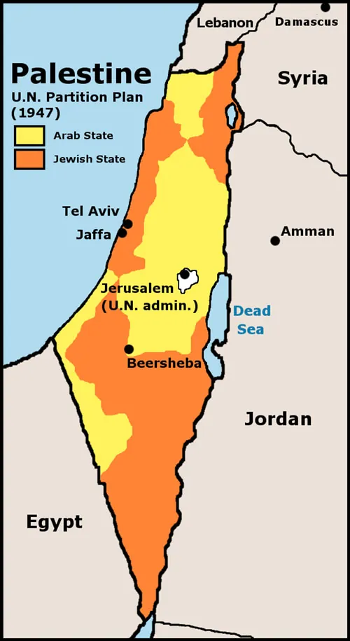A map of a Palestine is shown. It is labeled ‘Palestine U.N. Partition Plan (1947)’. The legend shows that yellow indicates the Arab State and orange indicates the Jewish state. Egypt is shown on the bottom left of the map, and Lebanon, Syria, and Jordan are labeled north and east of Palestine. A top east portion, a long, thin western portion along the water, and a large portion in the south of Palestine is highlighted orange as Jewish State. A small portion in the north, an oval portion in the center and an angled portion in the west, along the Egyptian border are highlighted yellow as Arab State. The cities of Tel Aviv and Jaffa are labeled along the water on the west; Jerusalem (U.N. admin.) is in the middle of the country on a very small white circular portion. The city of Beersheba is in the center of Palestine, along an Arab State-Jewish State border.