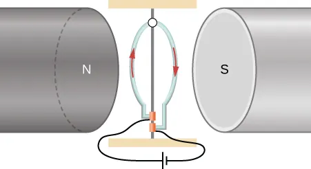 Okrągła pionowa pętla z płynącym w niej prądem znajduje się między biegunami magnesu z poziomą szczeliną.