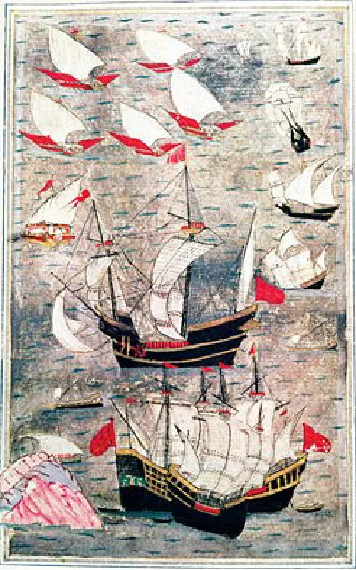 A drawing shows ships sailing in the water. Three large ships are shown toward the bottom of the drawing with black hulls, white masts, and red flags. A similar ship is shown in the middle of the drawing. Six small ships with white and red sails are in the top left of the drawing while there are four small ships with black hulls and white sails in the top right of the drawing. Hills appear in the bottom left of the drawing.