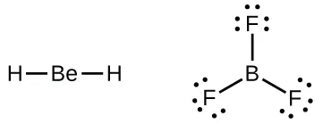 Se muestran dos estructuras de Lewis. La izquierda muestra un átomo de berilio unido con enlace simple a dos átomos de hidrógeno. La derecha muestra un átomo de boro enlazado a tres átomos de flúor, cada uno con tres pares solitarios de electrones.