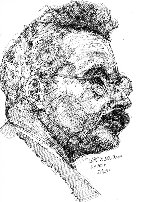 A 2/3 profile pen drawing shows a person with a moustache wearing round eyeglasses.