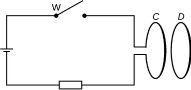Rysunek przedstawia schemat szeregowego obwodu elektrycznego, zawierającego źródło siły elektromotorycznej, wyłącznik, kołową pętlę przewodnika C oraz rezystor. W pobliżu tejże pętli, umieszczona jest odosobniona pętla D o takiej samej średnicy. Płaszczyzny obu pętli są do siebie równoległe. Wyłącznik w obwodzie elektrycznym jest otwarty.
