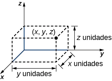 Esta figura es el octante positivo del sistema de coordenadas tridimensional. En el primer octante hay un sólido rectangular dibujado con líneas discontinuas. Una de las esquinas está marcada como (x, y, z). La altura de la caja se denomina "z unidades", el ancho se denomina "x unidades" y la longitud se denomina "y unidades".