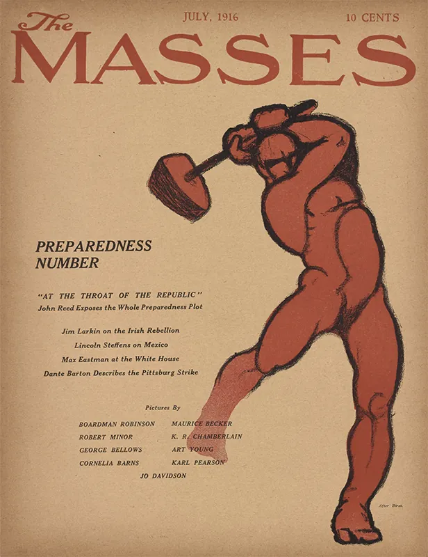 The front cover of the July 16 issue of the Masses magazine shows a sketch of a muscular figure swinging a sledgehammer. The cost of the magazine is 10 cents.