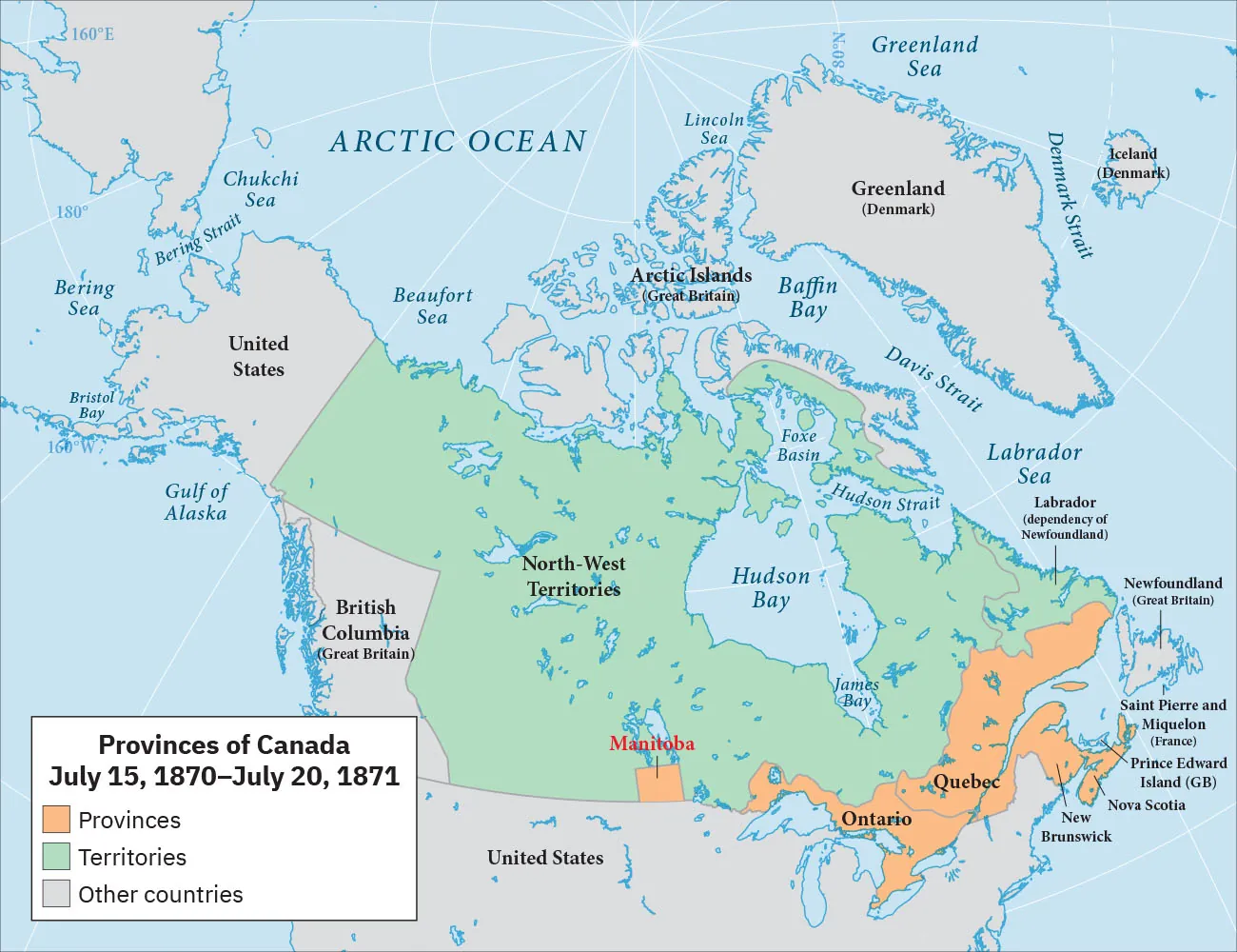 A map of the Arctic Ocean, Canada, Greenland, and the top portion of the United States is shown. A legend is labeled “Provinces of Canada; July 15, 1870–July 20, 1871.” On the legend, the color orange indicates “Provinces,” green indicates “Territories,” and gray indicates “Other countries.” Most of Canada (except for a rectangular portion in the southwest labelled “British Columbia (Great Britain)), is highlighted green and labeled “North-West Territories.” A square section at the bottom middle of Canada labeled “Manitoba” is highlighted orange as well as a long section along the bottom of Canada on the southeastern edge, including places labeled “Ontario, Quebec, New Brunswick, Nova Scotia, Prince Edward Island (GB), and Saint Pierre and Miquelon (France).” All the other lands shown are highlighted gray.