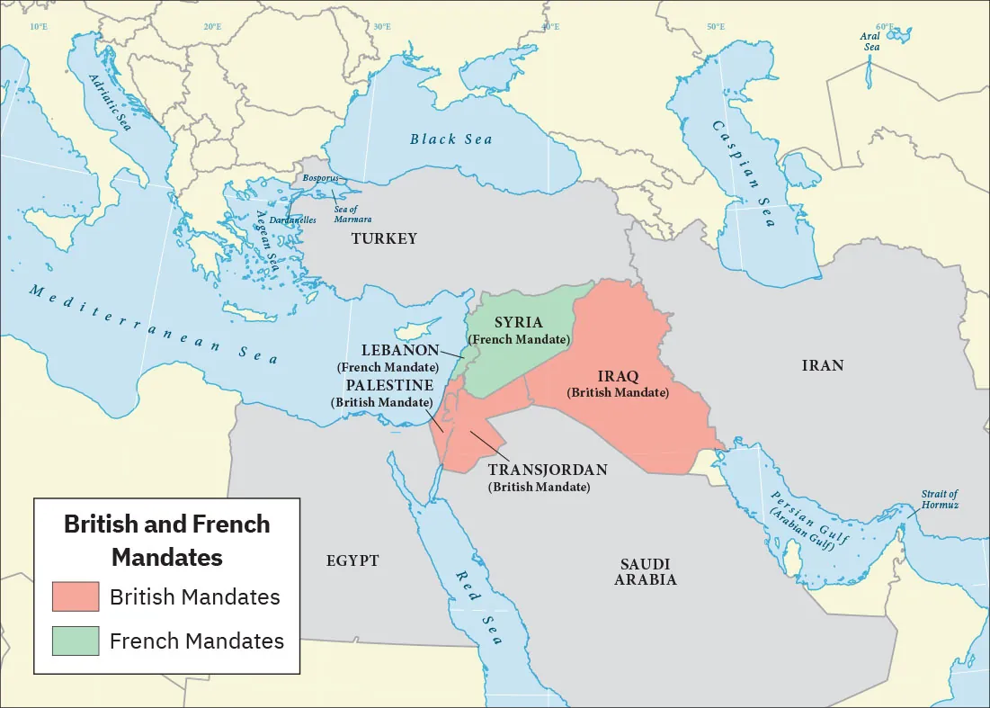 This is a map of the Middle East that shows the British and French mandates. The French mandates were Syria and Lebanon. The British mandates were Iraq, Transjordan, and Palestine. Areas surrounding the mandates, including Saudi Arabia, Egypt, Turkey, and Iran are also shown.