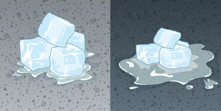 Rysunek po lewej przedstawia topnienie lodu na jasnej nawierzchni. Rysunek po prawej pokazuje topnienie lodu na ciemniejszej nawierzchni. Tutaj topnienie jest szybsze. 
