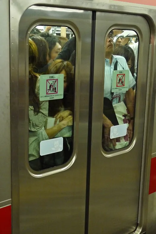 A crowd of people behind closed subway car doors is shown.