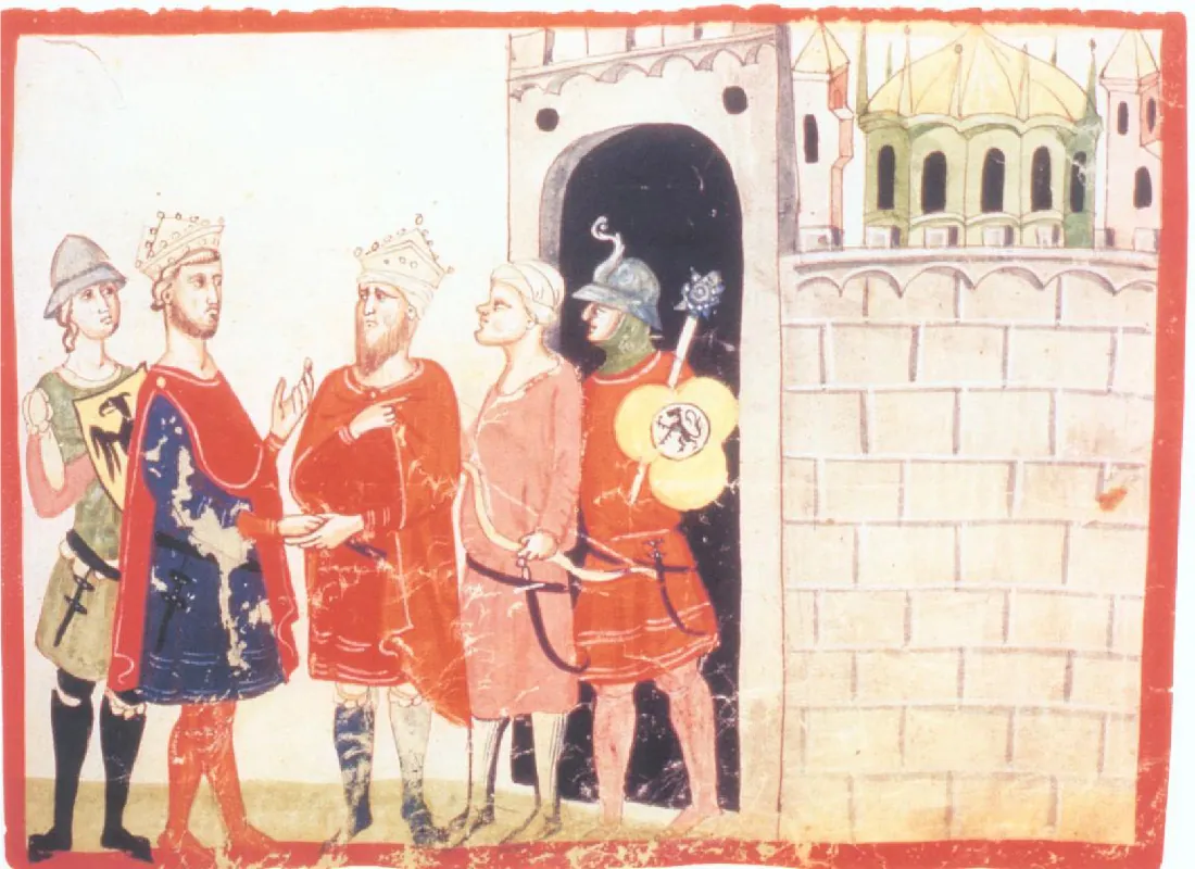 A faded and worn image is shown inside of red, thick edges. Five men stand on the left on a bright white background and sandy colored ground in front of an arched doorway on the right. The men stand in a row, two at the left facing to the right while the other three face to the left. The man on the far left wears green short armor, black stockings and shoes, wears a gray helmet and holds a yellow shield with an image of a black winged creature on the front. In front of him stands a man wearing a large yellowish crown, blue short robes with a gold trimmed red cape over his left shoulder, sporting a brown short beard and wearing a knife sheath on his belt. His right hand is extended and is touching the left hand of the man in front of him. This man has a brown longer beard, wears a similar yellowish crown, and wears a red cape over a red long shirt. His feet are blue and faded. The man behind him wears a white turban on his head, has no facial hair and wears a faded pink long shirtdress. He wears a curved sword sheath at his belt and holds a bow in his left hand. The last man wears a gray helmet with a large, curvy projection at the front. His neck is covered with green armor and he wears a red shirtdress. He holds a large club in his hand as well as a clover shaped yellow shield with an emblem of a creature in black on the front. He also has a curved sword at his belt. The black arched opening behind him leads to a brick wall at the right where a tall domed green building with windows shows from behind. Tall white windowed towers show on both sides of the green dome.