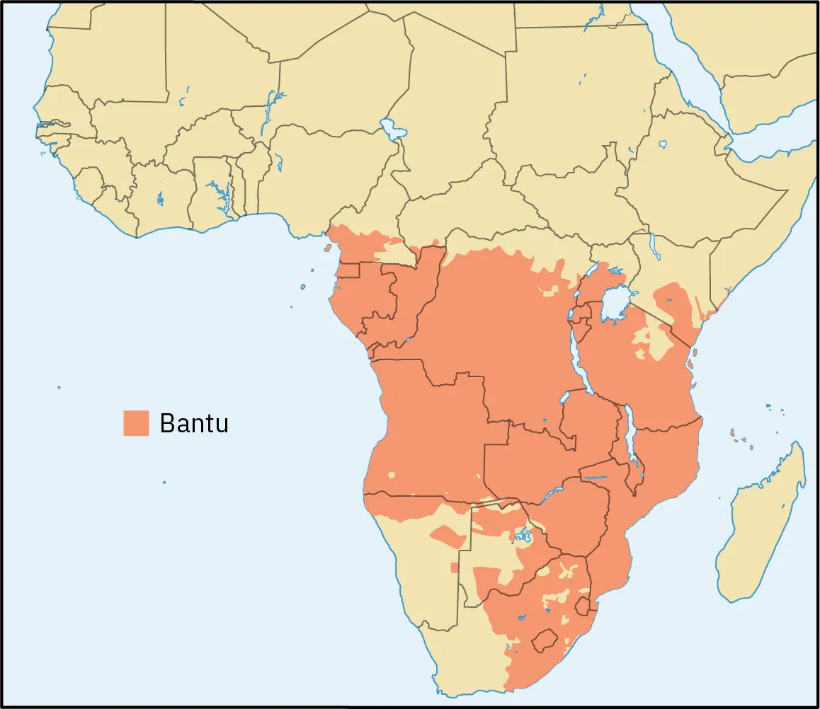 Map of Africa, with the territory of the Bantu peoples highlighted. Highlighting appears in most of the lower half of the continent, with the exception of a sizeable portion on the lower southwestern edge.
