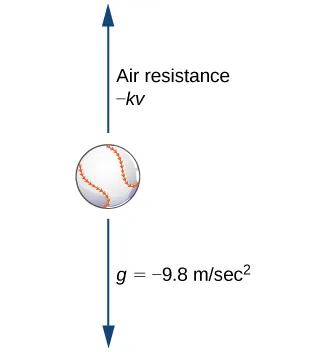 A diagram of a baseball with an arrow above it pointing up and an arrow below it pointing down. The upper arrow is labeled “air resistance –kv” and the lower arrow is labeled “g = -9.8 m/sec ^ 2.”