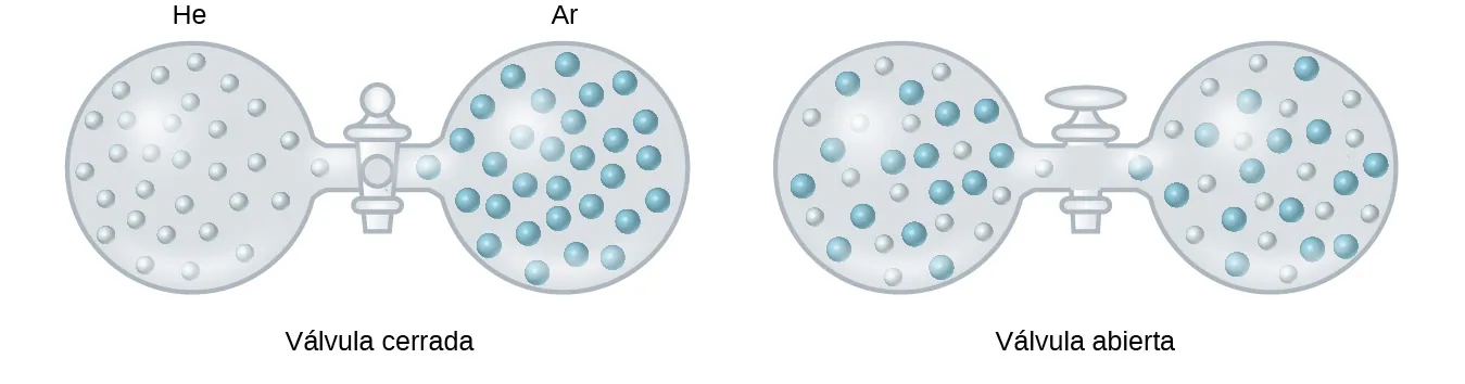 Se muestran dos figuras. La primera contiene dos recipientes esféricos unidos por una llave de paso cerrada. El contenedor de la izquierda está marcado como H e. Contiene una treintena de pequeñas esferas de color azul claro uniformemente dispersas. El recipiente de la derecha está marcado como A r y contiene una treintena de esferas azul-verde ligeramente más grandes. La segunda figura, similar, tiene una llave de paso abierta entre los dos recipientes esféricos. Las esferas de color azul claro y verde están uniformemente dispersas y presentes en ambos contenedores.