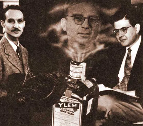 Composite photograph of George Gamow, emerging like a genie from a bottle of “ylem” (center), with Robert Herman (left) and Ralph Alpher (right).