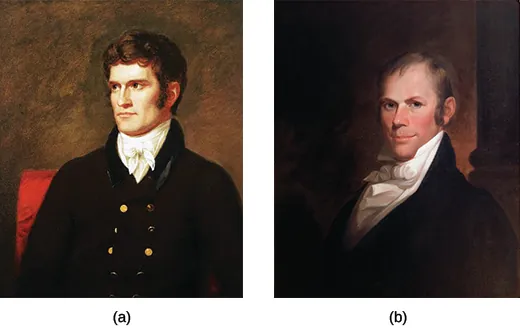 Two portraits depict John C. Calhoun (a) and Henry Clay (b).