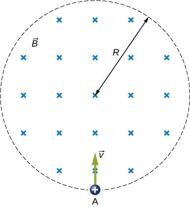 Rysunek przedstawia kołowy obszar, w którym istnieje jednorodne pole magnetyczne o indukcji B – prostopadłe do płaszczyzny tegoż rysunku. Pole to zwrócone jest do płaszczyzny rysunku. Promień obszaru pola wynosi R. Na granicy obszaru, znajduje się punkt, symbolizujący dodatnio naładowaną cząstkę, oznaczoną literą A. W punkcie tym przyłożony jest wektor prędkości v tejże cząstki. Wektor leży na promieniu kołowego obszaru i zwrócony jest do jego środka.