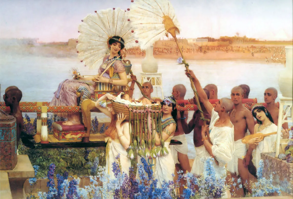 A picture of a colorful painting is shown. A woman in an elaborate lavender dress is shown sitting on a palanquin. She has long black hair with a colorful band and holds a short whip and flowers in her hands. She is being fanned with decorative white feathers by men in long white robes standing on the ground. The palanquin is shown being carried by six men in the back clad in white cloths at their waists. They are all bald. She is looking happily at a basket being carried next to her by two women in white cloths tied at their waists and decorations around their neck and head. The backet is decorated with hanging flowers and a baby with black hair lays in white blankets inside the basket. Blue flowers line the bottom forefront of the painting. Water lays behind the scene and in the far background a sandy expanse can be seen littered with people, buildings, and trees.