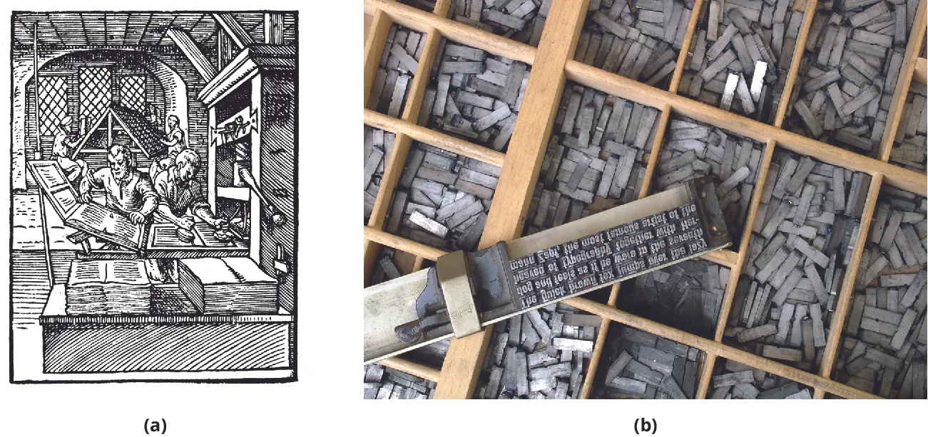 (a) Drawing of men working on a printing press. (b) Photo of movable type for a printing press.