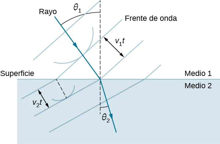 La figura muestra dos medios separados por una línea horizontal denominada superficie. El medio superior está marcado como medio uno y el medio inferior como medio dos. En el medio uno, un rayo incide en la superficie, viajando hacia abajo y hacia la derecha. Se traza una línea vertical de puntos, perpendicular a la superficie, a través de ambos medios donde el rayo incide en la superficie. El rayo refractado se dobla hacia abajo, hacia esta línea punteada donde entra en el medio dos. La trayectoria del rayo forma un ángulo theta sub uno con la línea de puntos en el medio uno y un ángulo theta sub dos con la línea de puntos en el medio dos, donde theta sub dos es menor que theta sub uno. Se dibujan segmentos de línea, marcados como frente de onda, perpendiculares al rayo incidente y al rayo refractado. Estos segmentos de línea están igualmente espaciados dentro de cada medio, pero los tres segmentos de línea del medio 1 están más espaciados que los tres segmentos de línea del medio 2. La separación de estos segmentos de línea en el medio 1 se denomina v sub uno t y la separación en el medio 2 se denomina v sub dos t, siendo v sub dos t menor que v sub uno t.