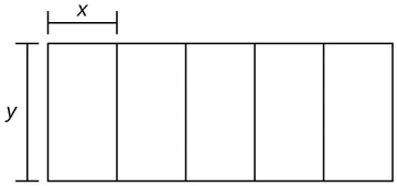 A rectangle is divided into five sections, and each section has length y and width x.