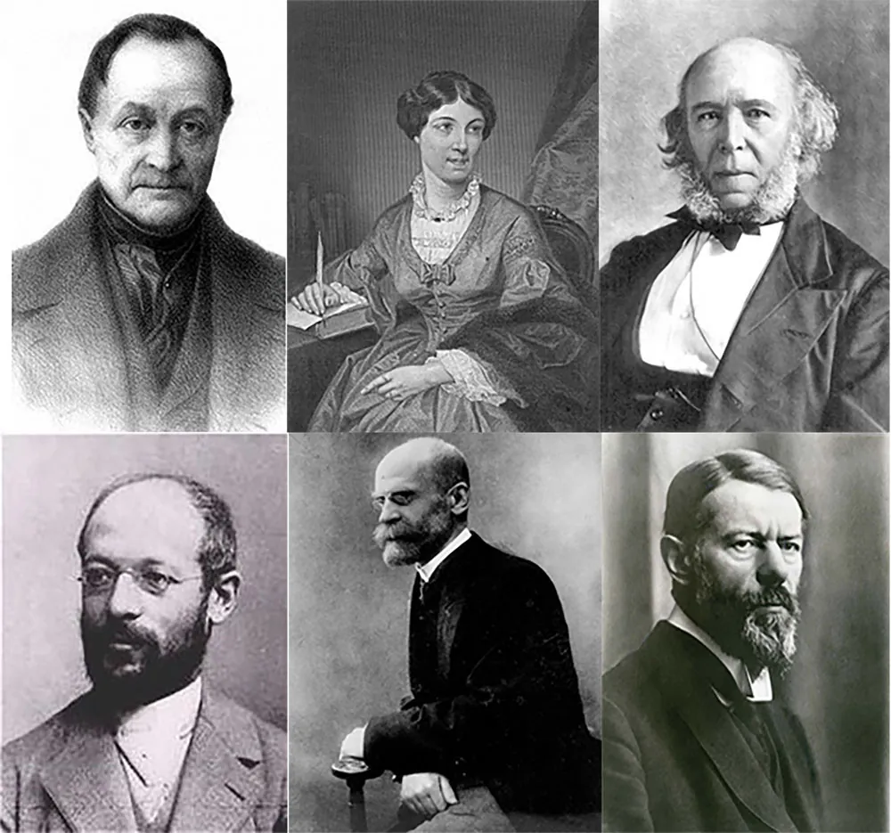 Portraits show Auguste Comte, Harriet Martineau, Herbert Spencer, Goerg Simmel, Émile Durkheim, and Max Weber.