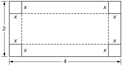 Se dibuja un rectángulo con altura de 2 y anchura de 4. En cada esquina hay un cuadrado con la longitud de lado x marcada.