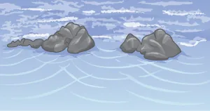 Drawing of two groups of rocks on a beach. Waves from the top of figure produce three sets of curved wavefronts that expand outward as they pass through gaps between the rocks.