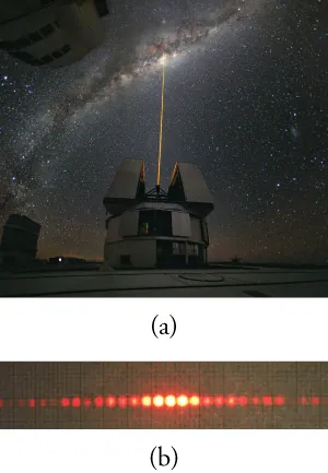 (a) Photo of a laser beam directed vertically from an observatory into a night sky. (b) Photo of a horizontal line of about twenty closely spaced red dots. The five dots in the center are much brighter than the others.