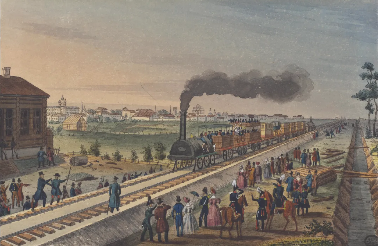 A drawing of a very primitive train riding on train tacks is shown. The front car of the train is a black semi-circle flat on wood over metal wheels with a smokestack and black smoke projecting from the top. A person is seen climbing on it from the side. The second and third cars have canopied open tops with people sitting on the train. The rest of the cars are brown blocks with squares on them. Two of them hold carriages. Three men in long blue coats and caps holding long sticks stand on either side of the railroad ahead of the train. People stand along the tracks on both sides of the train. On the right side of the drawing along the length of the train tracks many people stand amid piles of wood and in front of a small creek looking at the train. The men wear long coats, pants, and hats, and the women wear long dresses with hats and one holds a parasol. Among them stand men in military uniforms and two ride horses. In the background there are white and orange buildings and open farmlands.