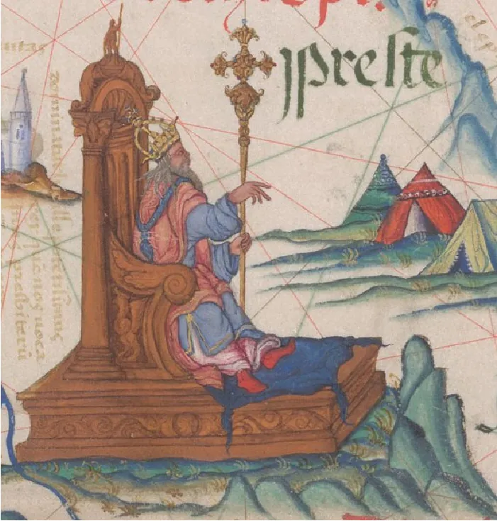 A drawing shows a man with a white beard sitting on a large brown throne. He is wearing blue and red robes, red socks, a gold ornate crown on his head, and is holding a tall intricate scepter. A tall white tower on brown land is located behind the throne on the left and three solid colored and decorated tents are located on the right of the drawing. Map lines run crisscross throughout the drawing and the word “prelte” is written in green across the top right by blue, cloudy mountains.