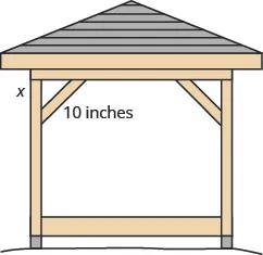 A gazebo is shown. In one of its corners, a triangle is made with the wood. The hypotenuse is marked 10 inches, and one of the legs is marked x