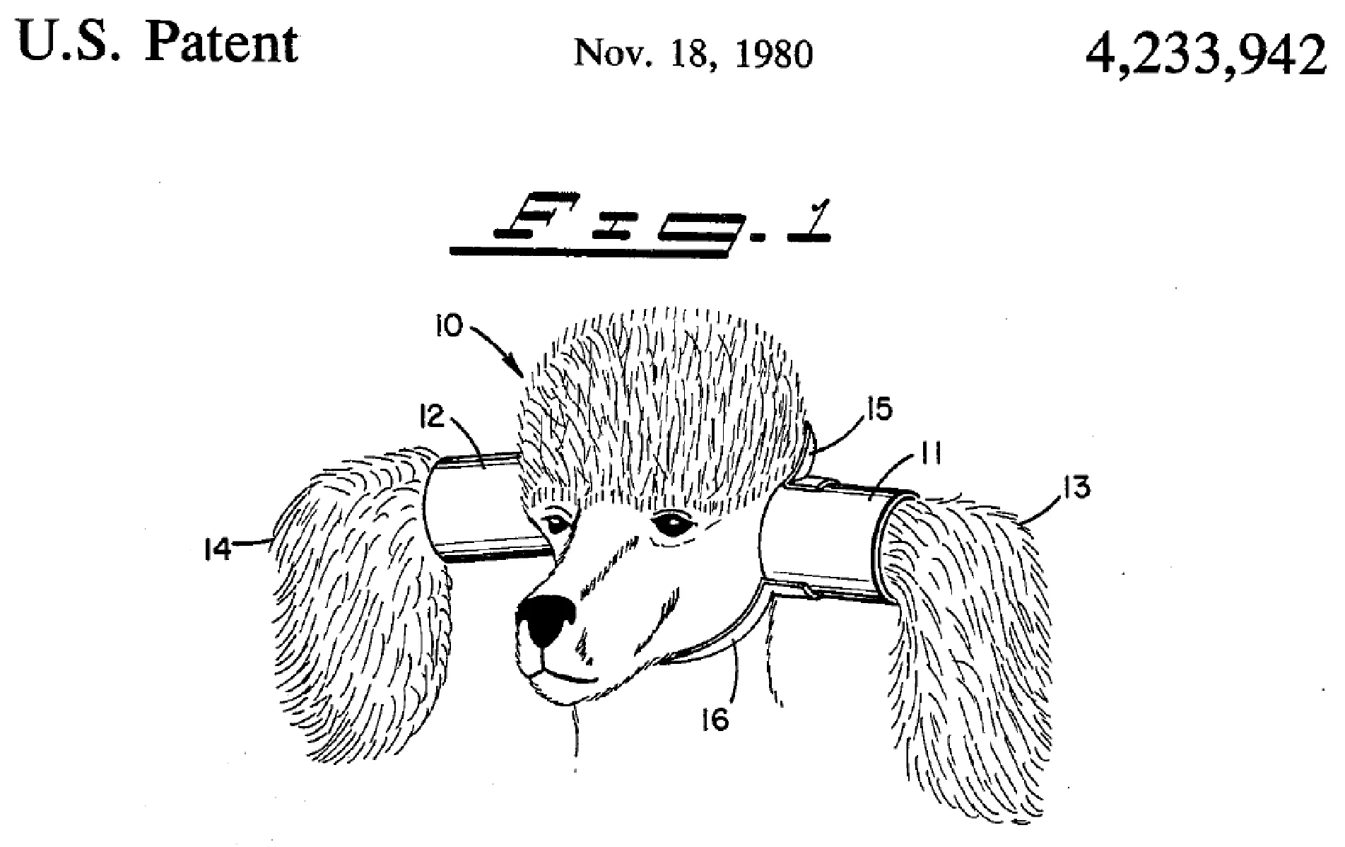 An image of a patent for dog ear protectors. They are cylinders that go around a dogs ears to keep the hair from dangling down. The text indicates that they are designed to keep a dog's hair clean while eating. 