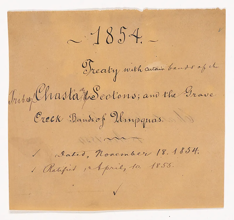 A sheet of yellowed paper with handwritten text on it.Prominent at the top is the date 1854 and the text begins “Treaty with certain bands of the tribes of….”