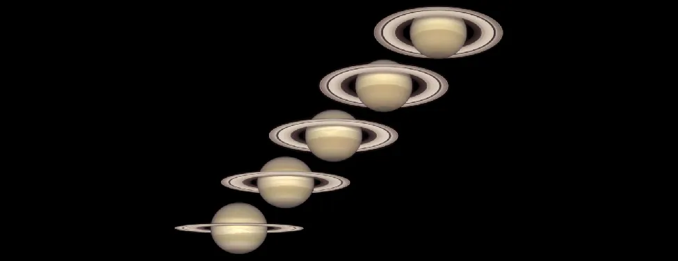 The Changing Angle of Saturn’s Rings. Five images clearly illustrating the 27° tilt of Saturn’s rings. At lower left, the rings are seen nearly edge on, and the Cassini division is difficult to see. Moving toward the upper right, the rings tilt to their maximum angle as seen from Earth, with the planet obscuring only a small portion of the rings.