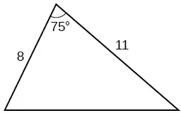 A triangle. One angle is 75 degrees with opposite side unknown. The adjacent sides to the 75 degree angle are 8 and 11.