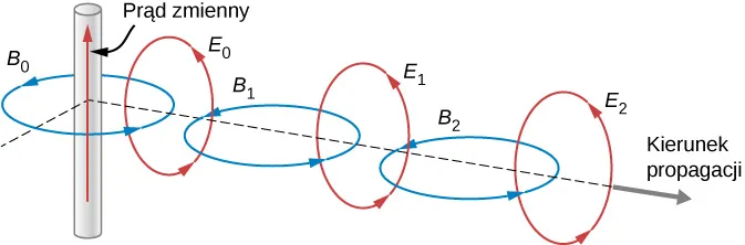 Rysunek przedstawia 3 wymiarowy schemat. Drut przewodzący prąd AC jest położony wzdłuż osi z. Okrąg oznaczony B0 otacza przewód i leży na płaszczyźnie xy. Inny okrąg, oznaczony E0 otacza B0. E0 leży na płaszczyźnie xz. Okrąg B1 przechodzi przez E0 i E1 przechodzi przez B1 tworząc rodzaj łańcucha. Okręgi B0, B1 i B2 są w płaszczyźnie xy, ze środkami wzdłuż osi x. Przeplecione są z okręgami E0, E1 i E2 w płaszczyźnie xz, których środki leżą na osi y.