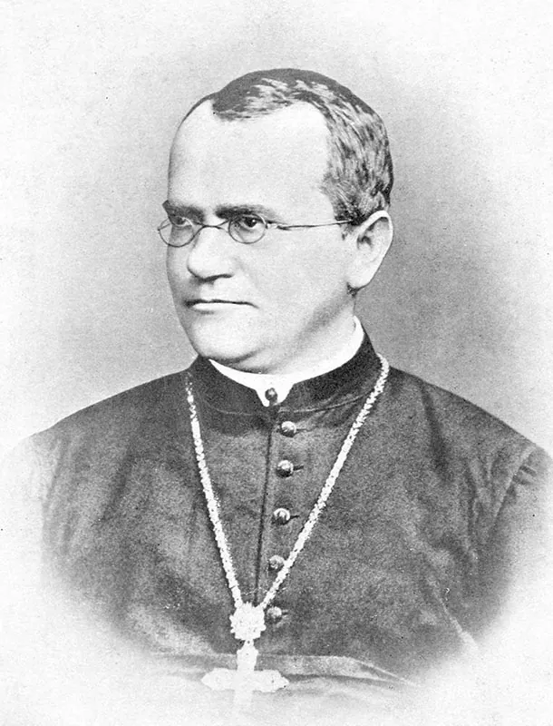 Black and white portrait of a man in a monk’s robe wearing a large cross around his neck.