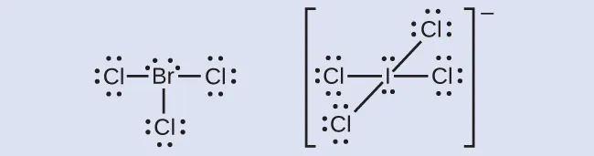 Se muestran dos estructuras de Lewis. La izquierda muestra un átomo de bromo con dos pares solitarios de electrones unido con enlace simple a tres átomos de cloro, cada uno con tres pares solitarios de electrones. La derecha muestra un átomo de yodo, con dos pares solitarios de electrones, unido a cuatro átomos de cloro, cada uno con tres pares solitarios de electrones. Esta estructura está entre de corchetes y tiene un signo negativo en superíndice.
