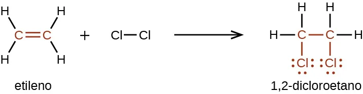 Este diagrama ilustra la reacción del eteno y el C l subíndice 2 para formar 1,2-dicloroetano. En esta reacción se muestra la fórmula estructural del etano. Tiene un doble enlace entre los dos átomos de C con dos átomos de H enlazados a cada átomo de C más C l enlazado al C l. Esto se muestra a la izquierda de una flecha. Los dos átomos de C y el doble enlace entre ellos se muestran en rojo. A la derecha de la flecha, se muestra la molécula de 1,2-dicloroetano. Solo tiene enlaces simples y cada átomo de C tiene un C l con tres pares de puntos de electrones enlazados debajo. Los átomos de C y C l, el enlace simple entre ellos y los pares de electrones se muestran en rojo. Cada átomo de C también tiene dos átomos de H enlazados a este.