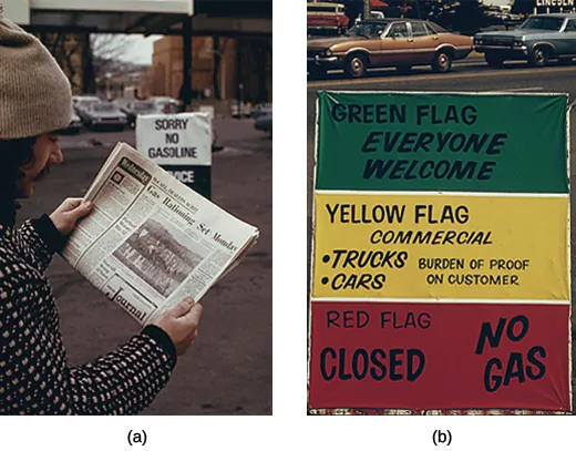 Photograph (a) shows a man standing beside a gas station reading a newspaper article with the headline “Gas Rationing Set Monday.” A sign that reads “Sorry No Gasoline” is visible in the background. Photograph (b) shows a sign with three stripes of color. The uppermost stripe, which is green, bears the message “Green Flag/Everyone Welcome.” The middle stripe, which is yellow, bears the message “Yellow Flag/Commercial/Trucks, Cars/Burden of Proof on Customer.” The bottom stripe, which is red, bears the message “Red Flag/Closed/No Gas.”