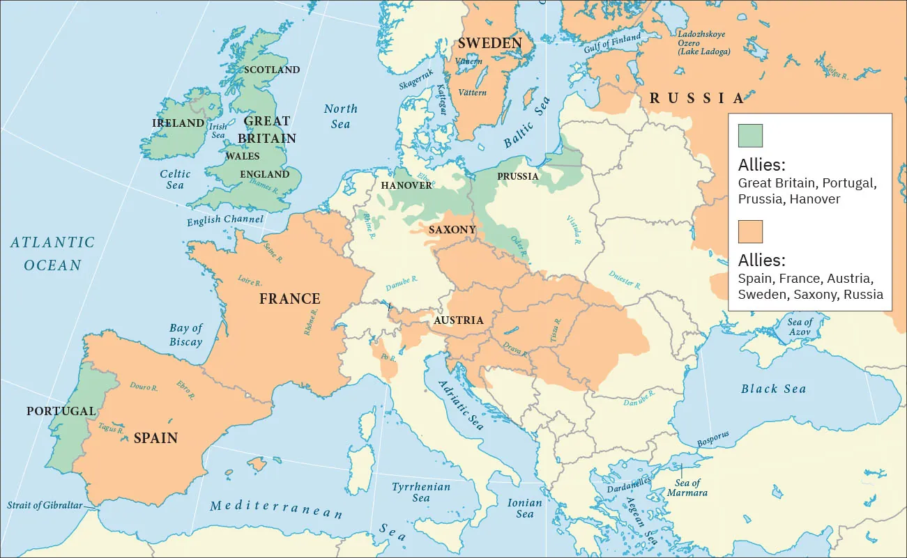 A map shows Europe and a portion of Russia. The Baltic Sea, the North Sea, the Atlantic Ocean, the Bay of Biscay, the Strait of Gibraltar, the Mediterranean, the Tyrrhenian Sea, the Adriatic Sea, the Ionian Sea, the Aegean Sea, the Sea of Marmara, and the Black Sea are labeled. Two colors are shown indicating which countries allied with each other. Areas highlighted green include Great Britain, Portugal, Prussia, and Hanover indicating “Allies: Great Britain, Portugal, Prussia, Hanover.” Areas highlighted orange include Spain, France, Austria, Sweden, Saxony, and Russia indicating “Allies: Spain, France, Austria, Sweden, Saxony, Russia.” All other areas are not highlighted.