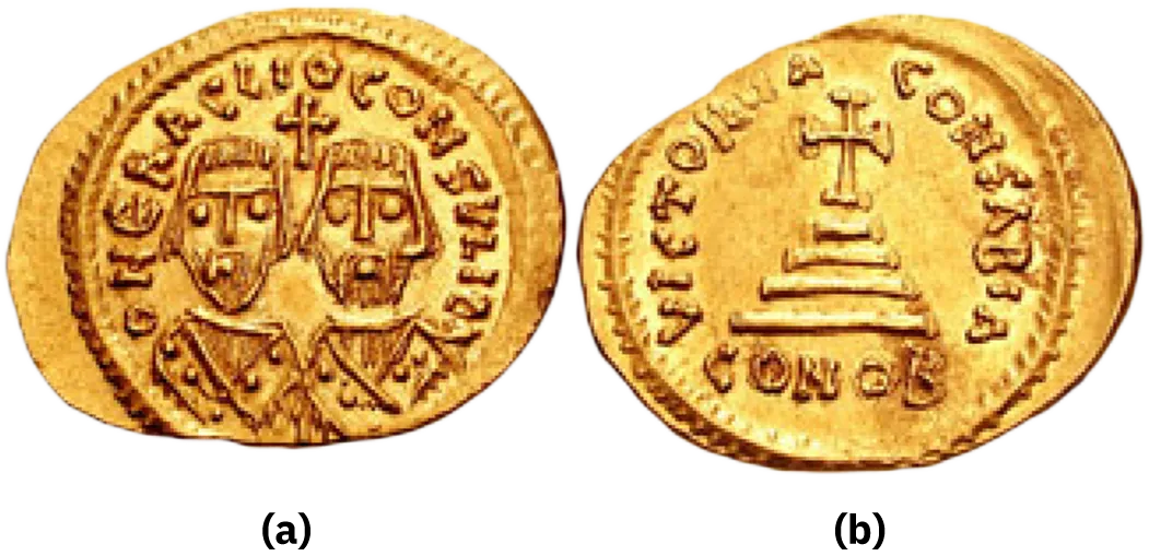An image of two gold coins is shown. Both are oval in shape, gold colored, with a circular ridge on the perimeter of the coin, with parts faded and missing. (a) The one on the left depicts two men’s heads with hair to their ears, large round eyes, a thin nose, beard, and detailed robes. A cross is shown between the heads. The letters “HERACLIO CONSVLI BA” are shown surrounding the heads around the top. (b) The coin on the right shows a cross with four horizonal lines underneath, each getting longer as it heads down. The letters “VICTORIA” are on the left perimeter and the letters “CONSABIA” are on the right perimeter. Below the lines are the letters “CONOB.”