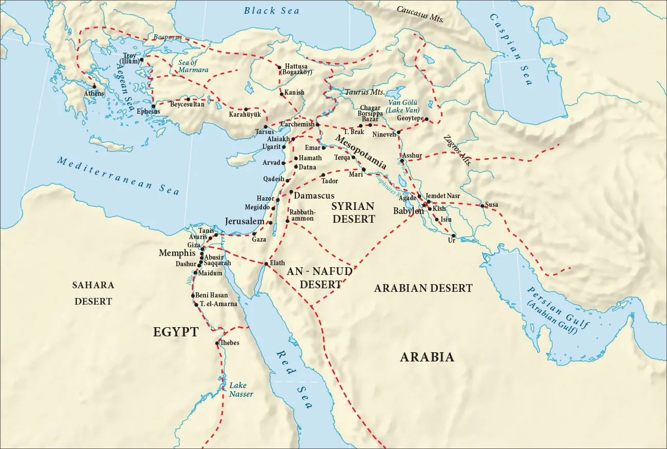 A map of the Middle East is shown with Greece and Turkey in the top left corner and the northeast corner of Africa at the bottom left. The Black Sea and the Caspian Sea are shown in the north, the Aegean Sea and the Mediterranean Sea are shown in the west, and the Red Sea, and the Persian Gulf (Arabian Sea) are shown in the south. The Sahara Desert in Egypt is labeled as well as the An-Nafud Desert and the Arabian Desert in Arabia. The Syrian Desert is labeled in Syria. Red dotted lines are shown crisscrossing throughout the map connecting various cities together. Cities that are connected with the red dotted lines are: Athens, Troy (Illum), Ephesus, Beycesultan, Karahüyük, Hattusa (Bogazköy), Kanish, Tarsus, Carchemish, T. Brak, Chagar Borsippa Bazar, Nineveh, Geoytepe, Alaiakh, Ugarit, Emar, Terqa, Arvad, Hamath, Datna, Asshur, Qadesh, Tador, Mari, Kedesh, Hazor, Megiddo, Damascus, Agade, Jemet Nasr, Susa, Kish, Babylon, Isin, Ur, Rabbathammon, Jerusalem, Gaza, Elath, Tanis, Avaris, Giza, Memphis, Abusir, Saqqarah, Dashur, Maidum, Beni Hasan, T. el-Amarna, and Thebes. The lines also head north up into the Caucasus Mountains, east into Asia and toward India, and south through Arabia and Africa.