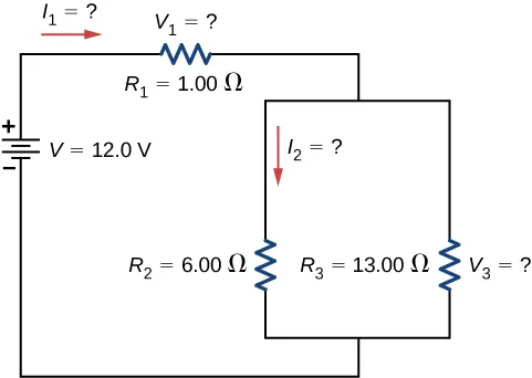 The figure shows a circuit with three resistors and a voltage source. The positive terminal of voltage source of 12 V is connected to R subscript 1 of 1 Ω with left current I subscript 1 connected to two parallel resistors R subscript 2 of 6 Ω with downward current I subscript 2 and R subscript 3 of 13 Ω