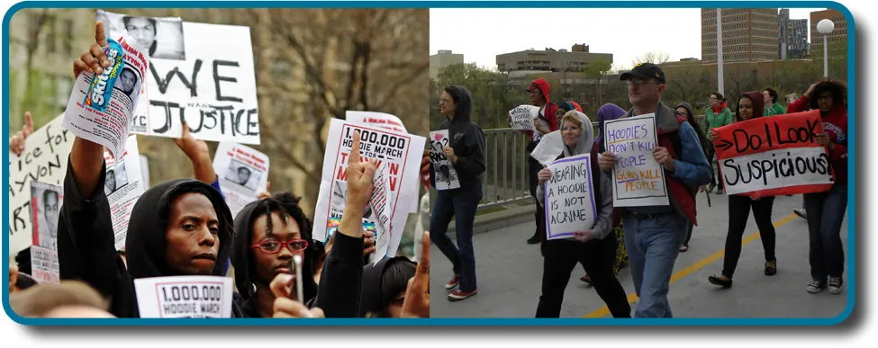 Two photographs show people holding signs at public events in response to Trayvon Martin’s death. The signs include words and messages such as, “Justice,” “Wearing a hoodie is not a crime,” “Hoodies don’t kill people; guns kill people,” and, “Do I look suspicious?”