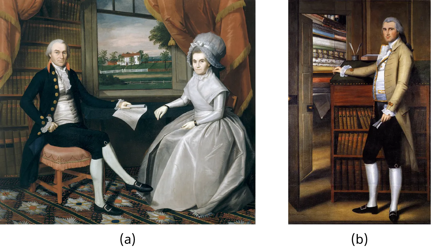 Painting (a) is a portrait of Oliver and Abigail Wolcott Ellsworth, who sit in an opulent library with a bucolic scene visible from the window. Painting (b) is a portrait of Elijah Boardman, who poses beside a desk with book-filled shelves that include the works of Moore, Shakespeare, and Milton. Beside him, an open closet displays many neatly arranged bolts of fabric.
