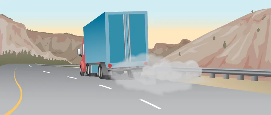 Ilustracja pokazująca ciężarówkę na drodze. Spod opon wydobywa się dym. 