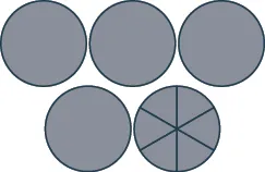 The figure shows five circles. The last one is divided into six equal sections.
